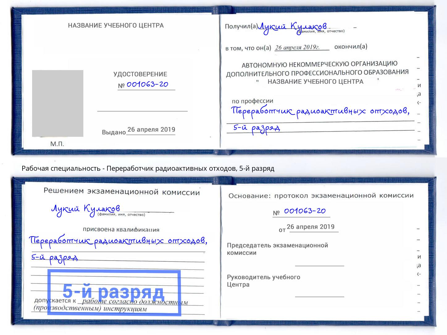 корочка 5-й разряд Переработчик радиоактивных отходов Заволжье