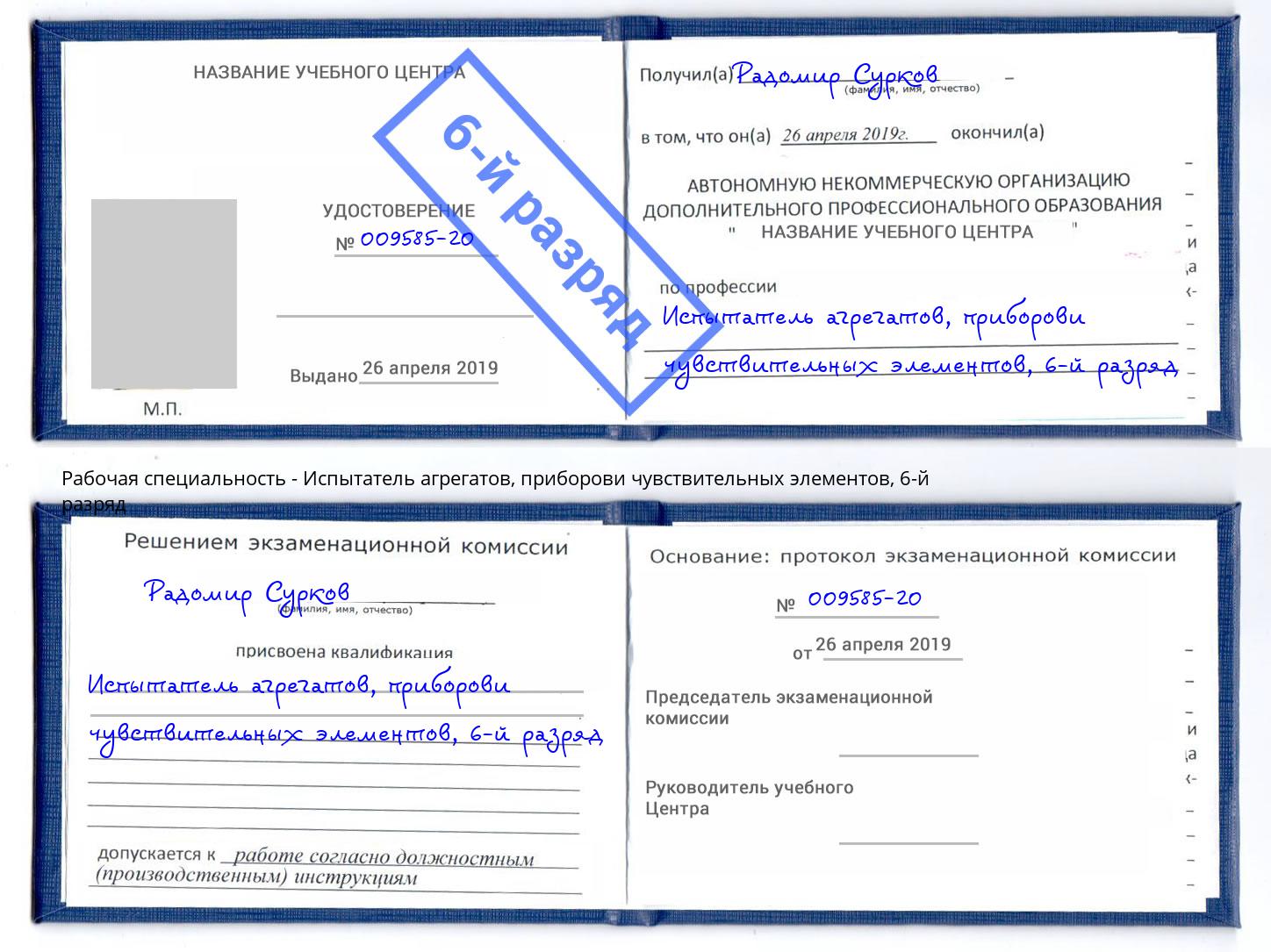 корочка 6-й разряд Испытатель агрегатов, приборови чувствительных элементов Заволжье