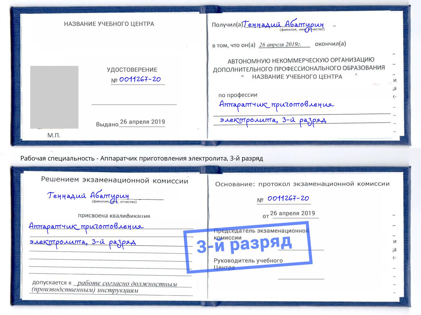 корочка 3-й разряд Аппаратчик приготовления электролита Заволжье
