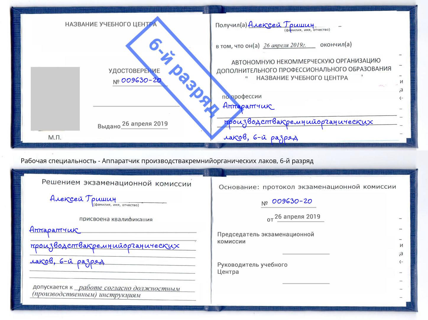 корочка 6-й разряд Аппаратчик производствакремнийорганических лаков Заволжье