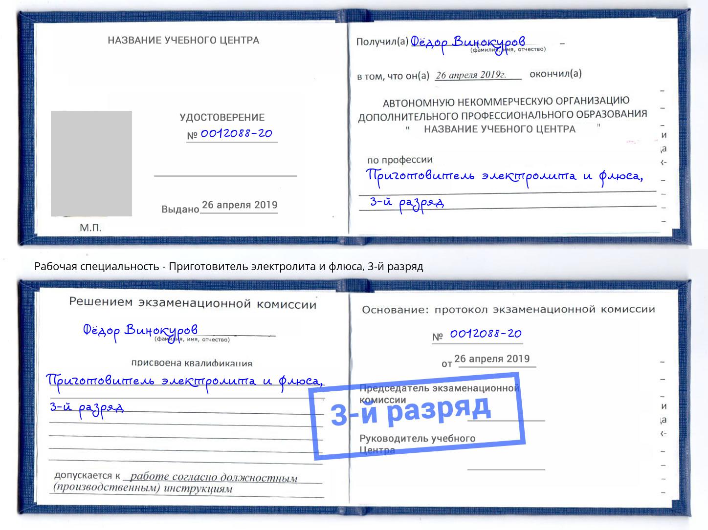 корочка 3-й разряд Приготовитель электролита и флюса Заволжье